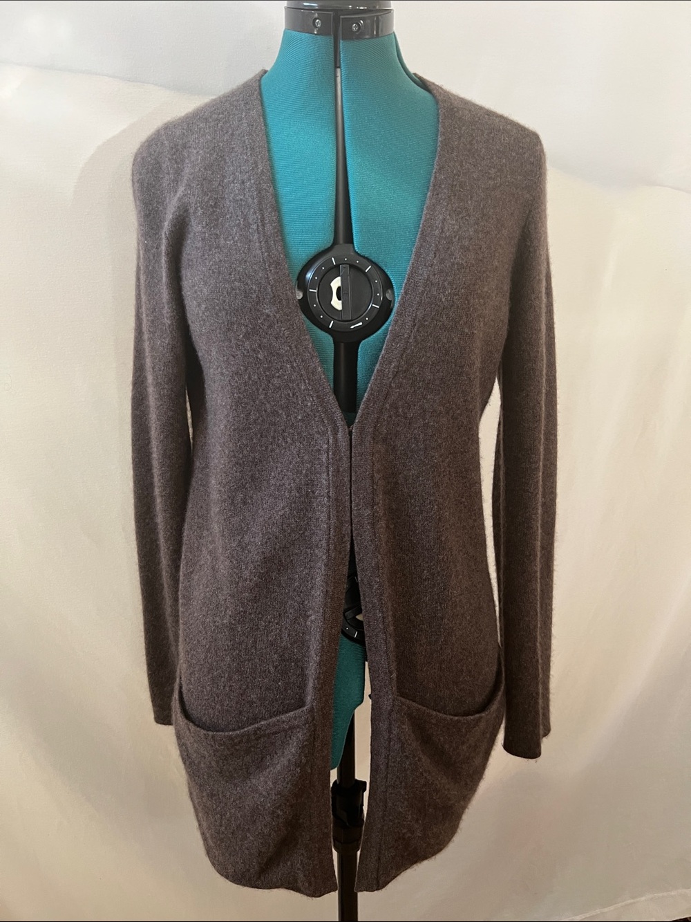 Kenar 100% 2-Ply Cashmere Brown-Gray Open-Front Pocket Long Cardigan